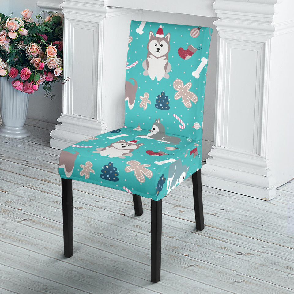 Christmas Cute Siberian Husky Puppie Pattern Dining Chair Slipcover