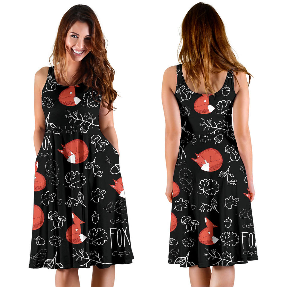 Fox Sleeping Fox Pattern Sleeveless Midi Dress