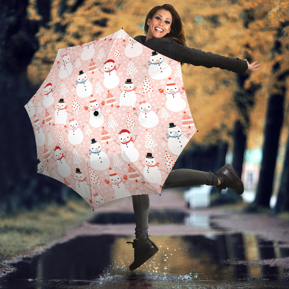 Cute Snowman Christmas Tree Snowpink Background Umbrella
