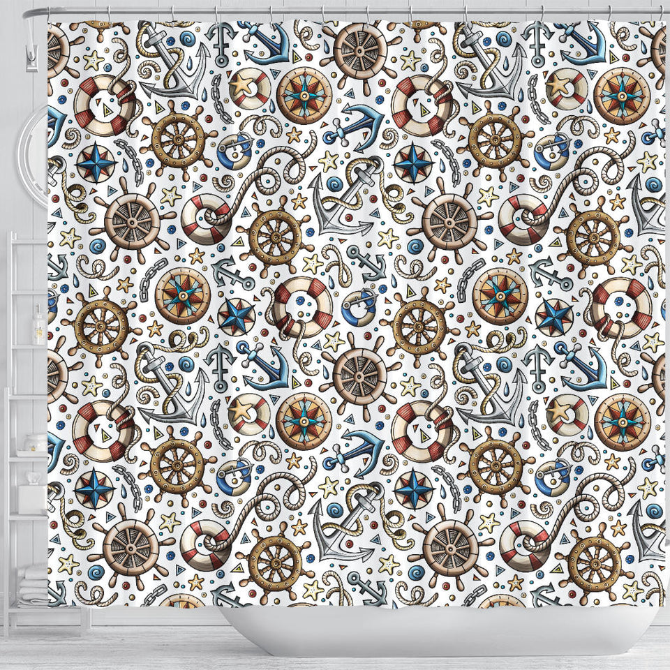 Cute Nautical Steering Wheel Anchor Pattern Shower Curtain Fulfilled In US