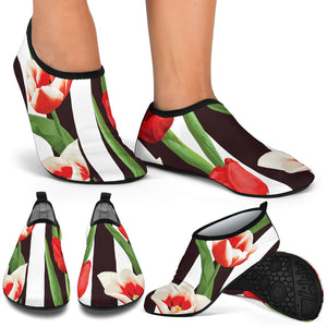 Red And White Tulips Pattern Aqua Shoes