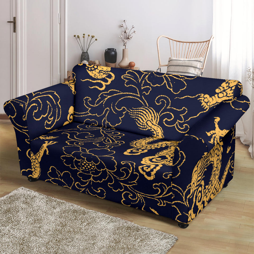 Gold Dragon Pattern Loveseat Couch Slipcover