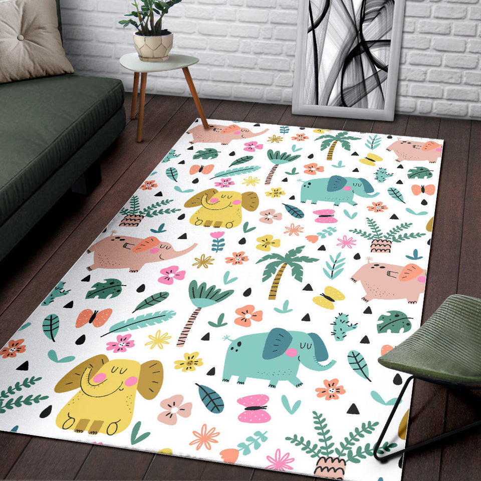 Cute Elephants Palm Tree Flower Butterfly Pattern Area Rug