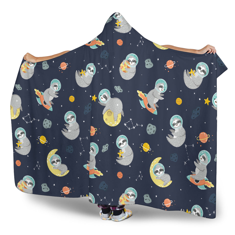 Cute Sloth Astronaut Star Planet Rocket Pattern Hooded Blanket