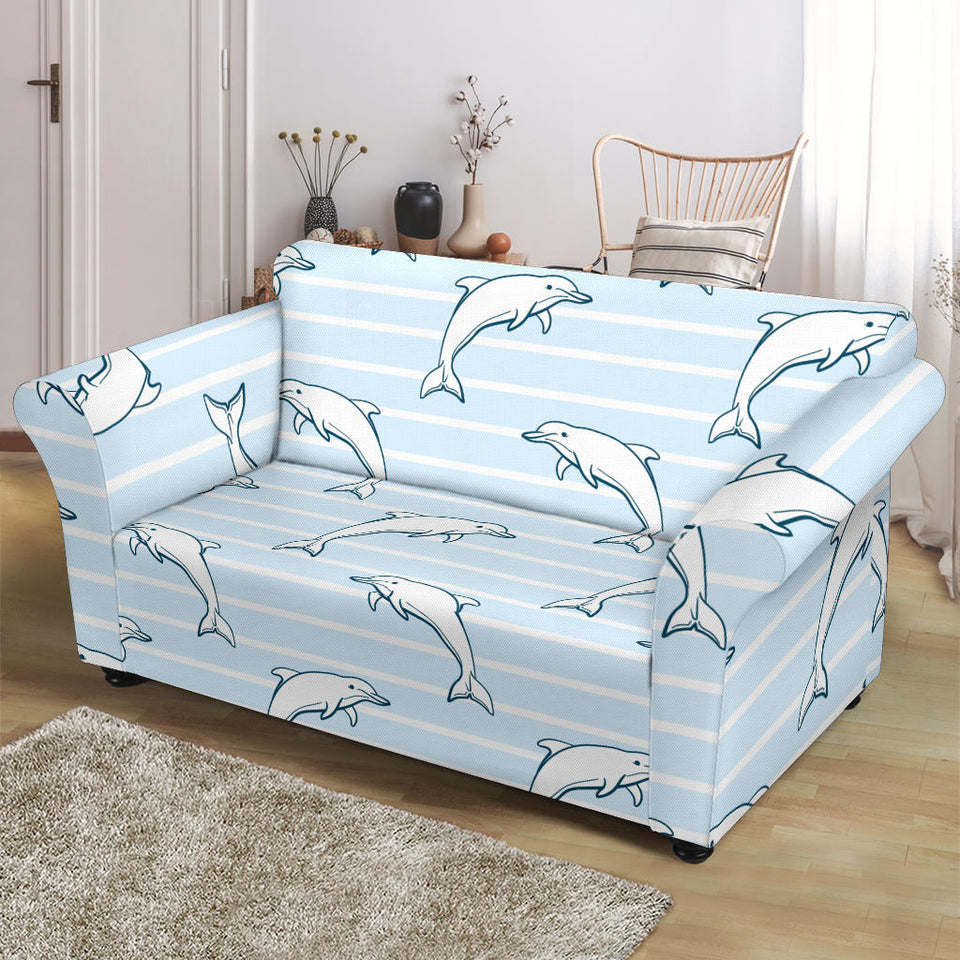 Dolphin Blue Striped Background Loveseat Couch Slipcover