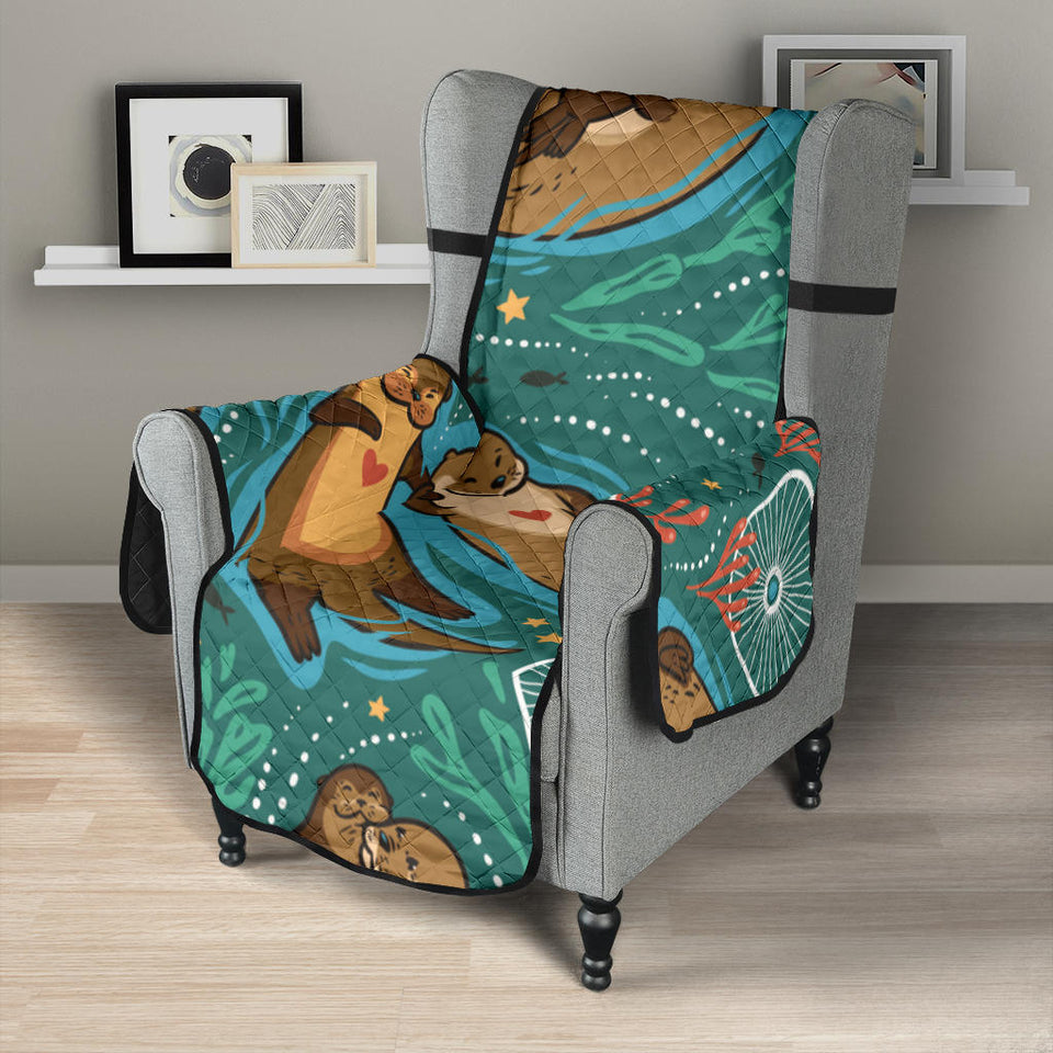 cute brown sea otters ornamental seaweed corals green water Chair Cover Protector