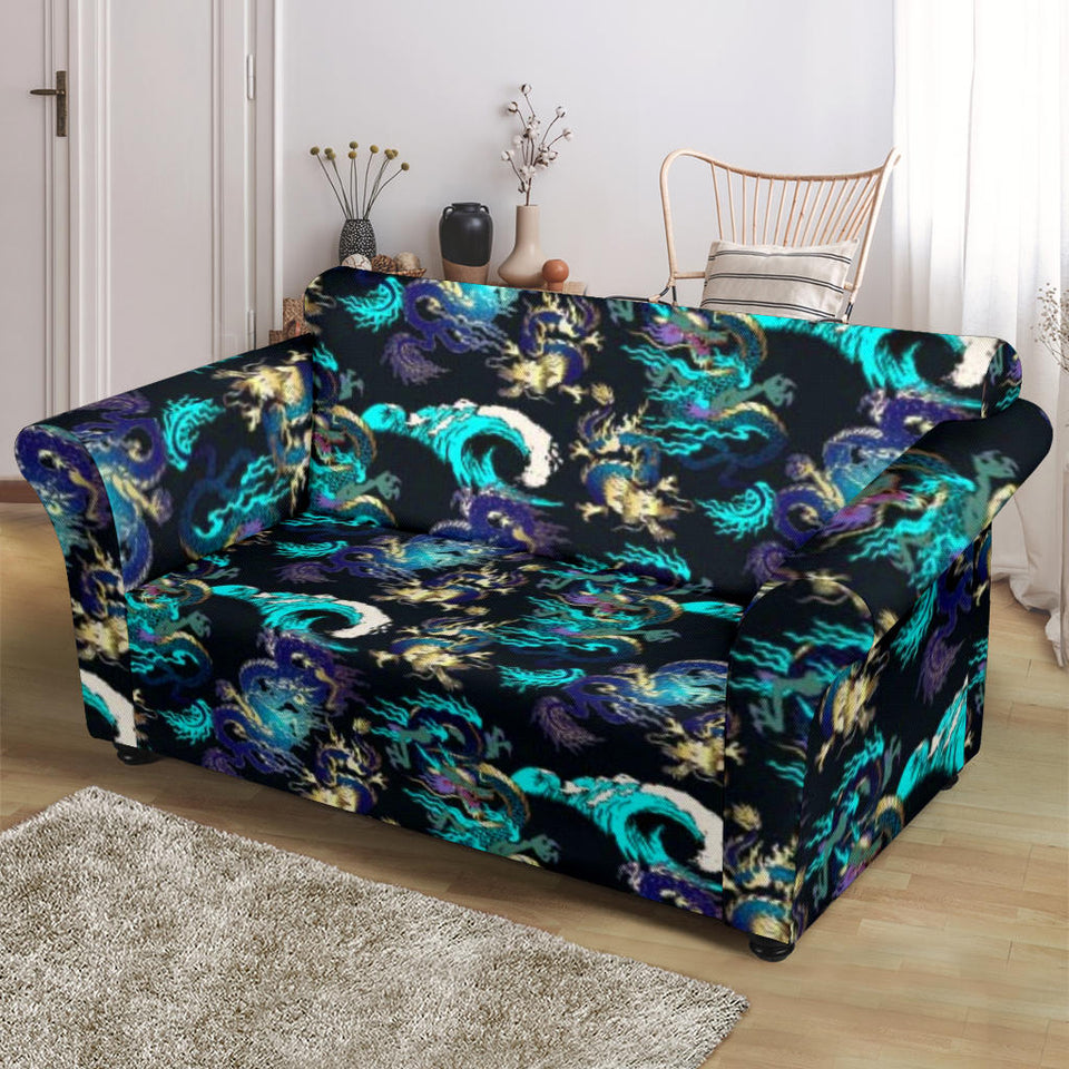 Dragon Sea Wave Pattern Loveseat Couch Slipcover