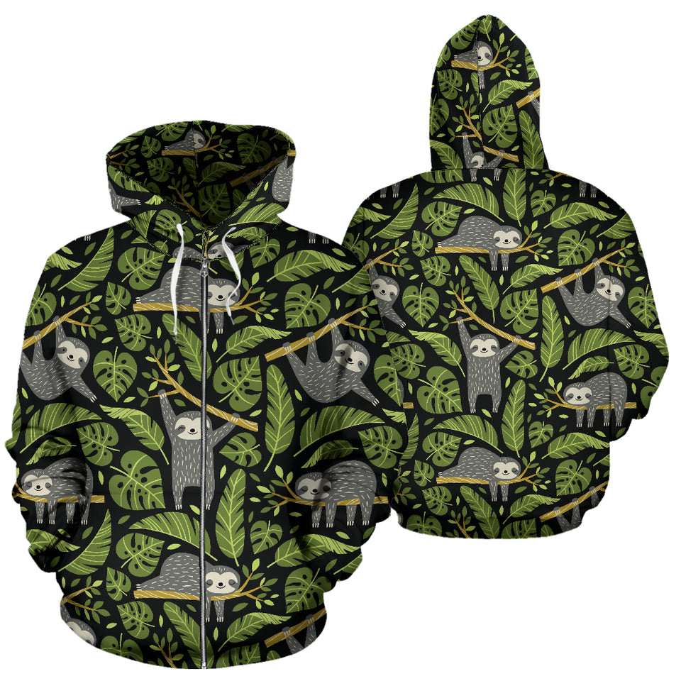 Cute Sloths Tropical Palm Leaves Black Background Zip Up Hoodie