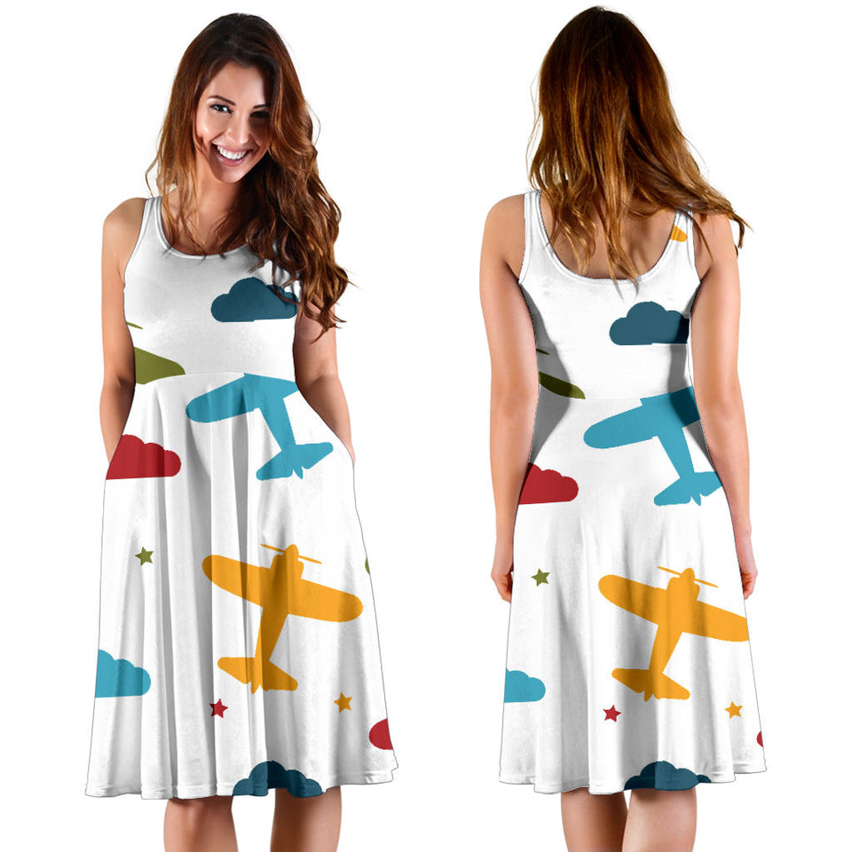 Airplane Star Cloud Colorful Sleeveless Midi Dress