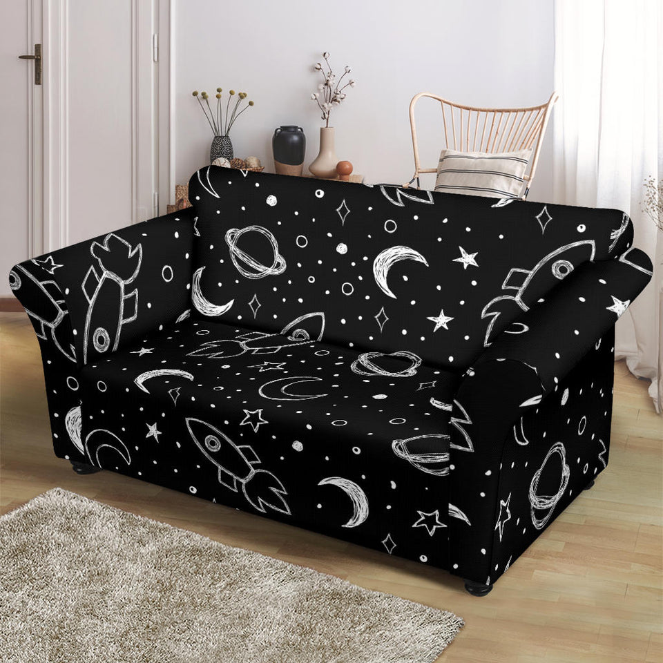 Hand Drawn Space Rocket Star Planet Loveseat Couch Slipcover