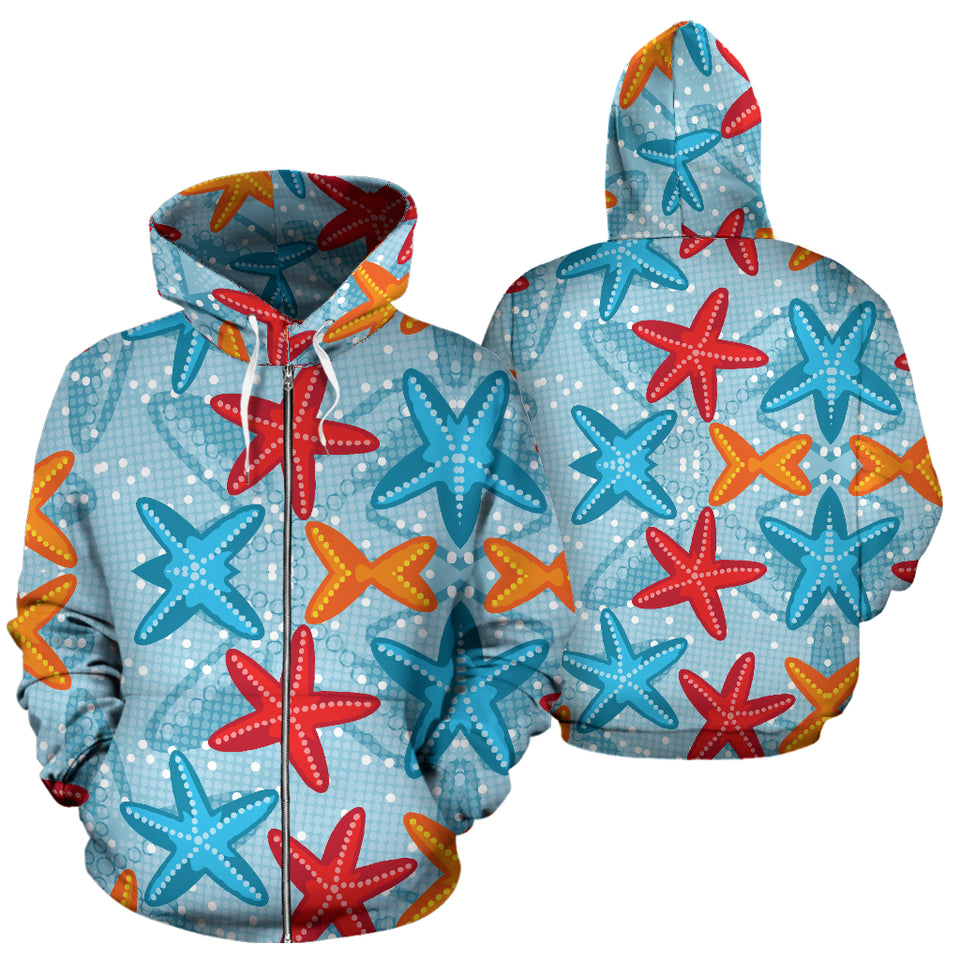 Blue Red Orange Starfish Pattern Zip Up Hoodie