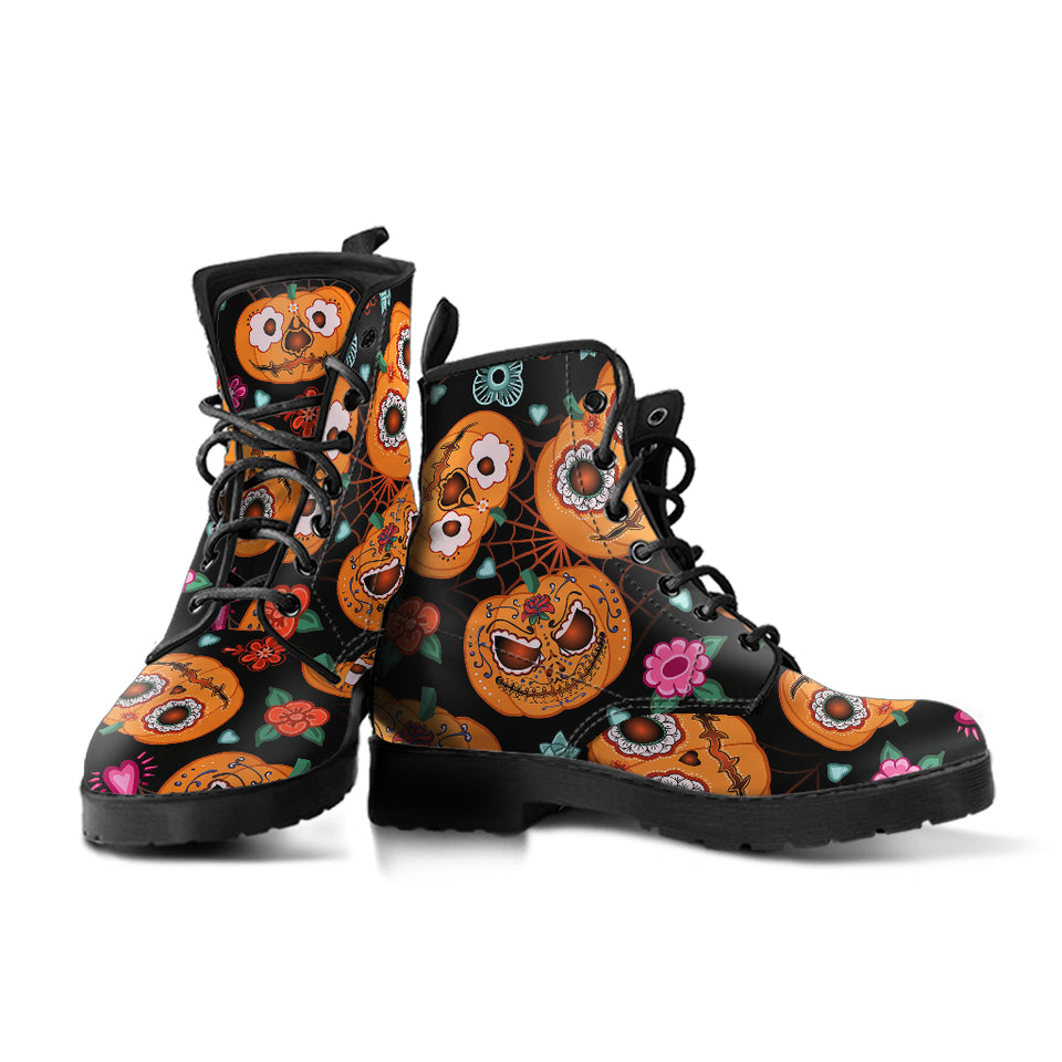 Pumpkin Flowers Spiderweb Halloween Theme Leather Boots