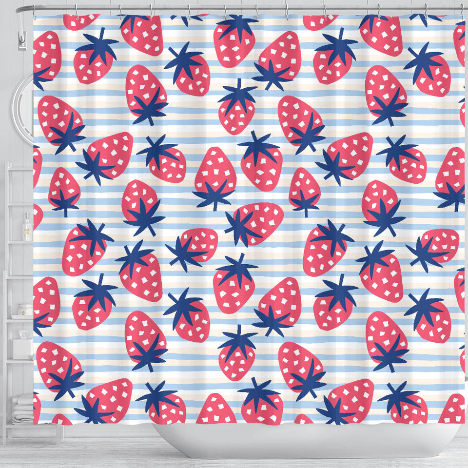 Strawberry Pattern Blue Lines Background Shower Curtain Fulfilled In US