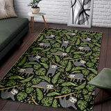 Cute Sloths Tropical Palm Leaves Black Background Area Rug