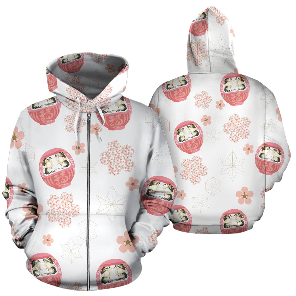 Daruma Japanese Wooden Doll Cherry Blossom Flower Pattern Zip Up Hoodie