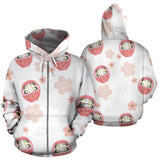 Daruma Japanese Wooden Doll Cherry Blossom Flower Pattern Zip Up Hoodie