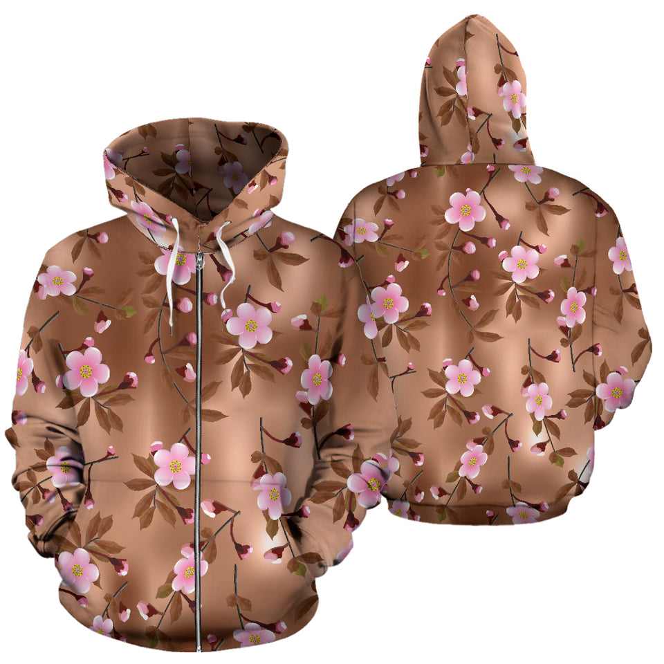 Pink Sakura Cherry Blossom Drak Brown Background Zip Up Hoodie