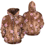 Pink Sakura Cherry Blossom Drak Brown Background Zip Up Hoodie
