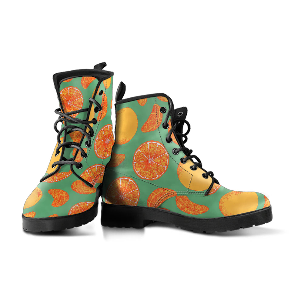 Orange Fruit Pattern Green Background Leather Boots