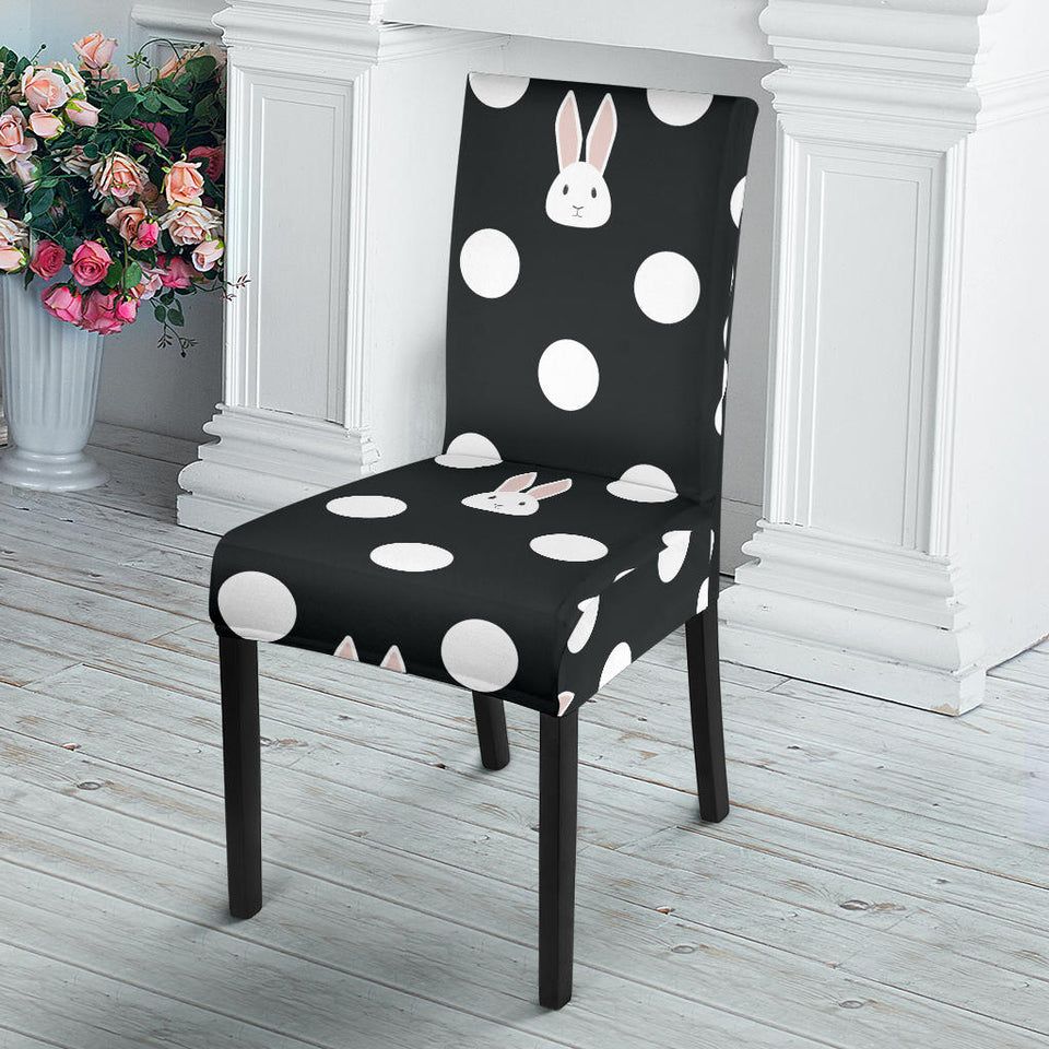 Cute White Rabbit Polka Dots Black Background Dining Chair Slipcover