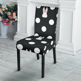 Cute White Rabbit Polka Dots Black Background Dining Chair Slipcover