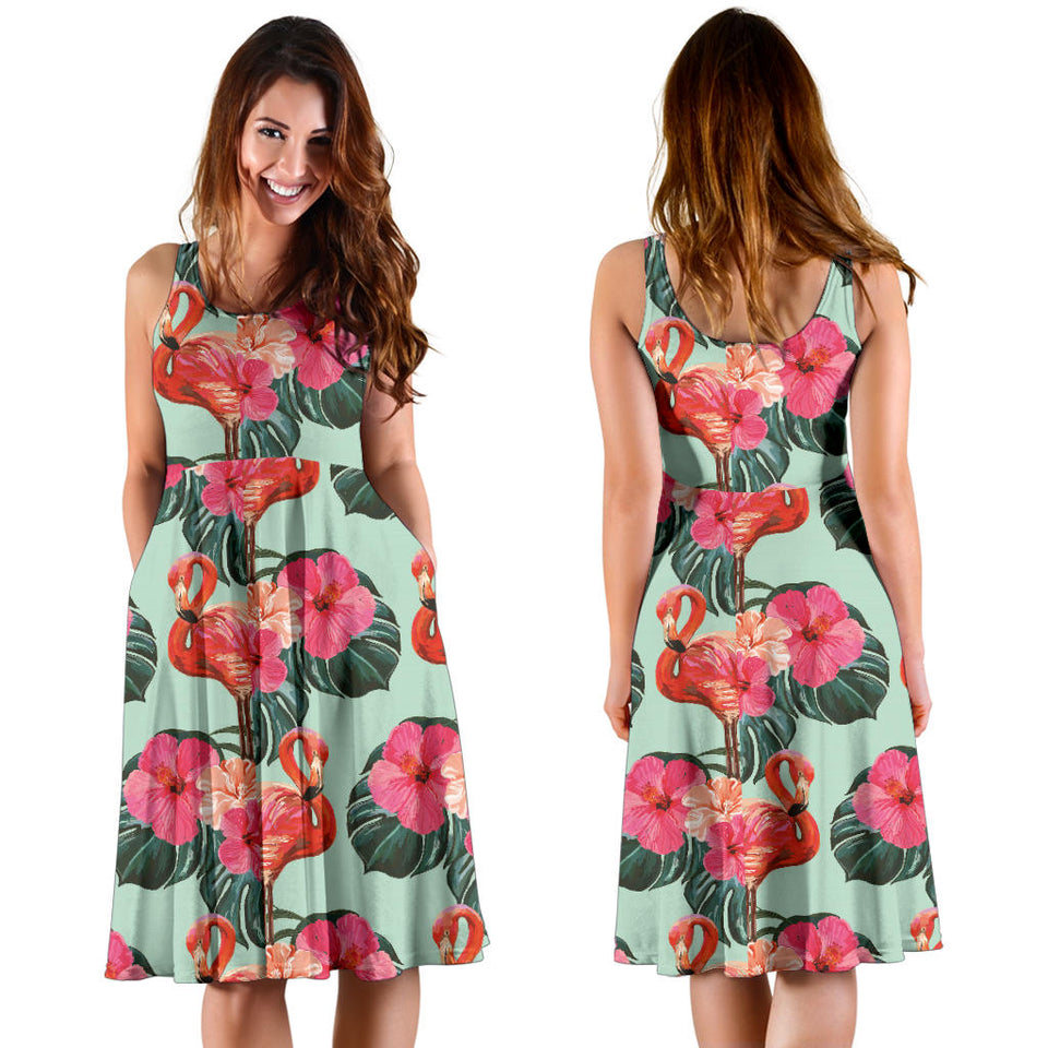 Beautiful Flamingo Tropical Palm Leaves Hibiscus Pateern Background  Sleeveless Midi Dress