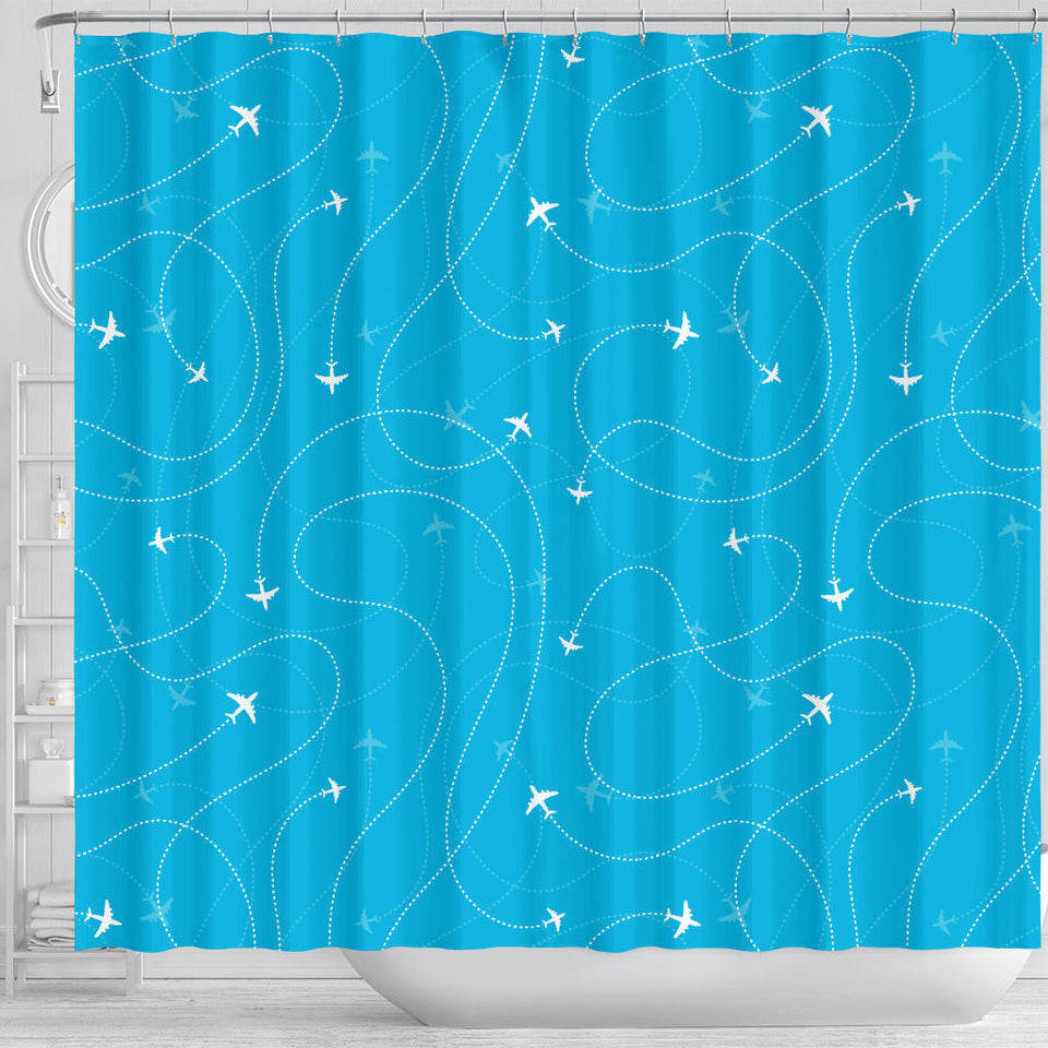 Airplane Destinations Blue Background Shower Curtain Fulfilled In US