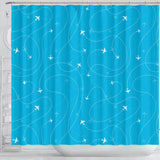 Airplane Destinations Blue Background Shower Curtain Fulfilled In US