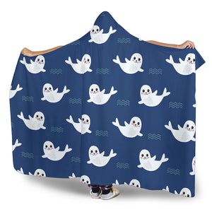 Cute White Baby Sea Lion Seal Pattern Hooded Blanket