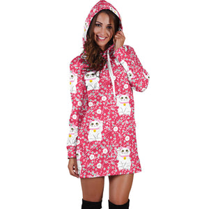 Maneki Neko Lucky Cat Sakura Pink Background Women'S Hoodie Dress