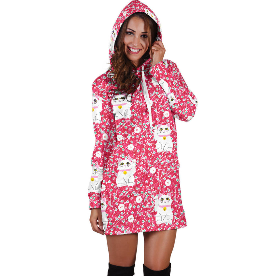 Maneki Neko Lucky Cat Sakura Pink Background Women'S Hoodie Dress