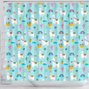 Llama Alpaca Cactus Leaves Pattern Shower Curtain Fulfilled In US