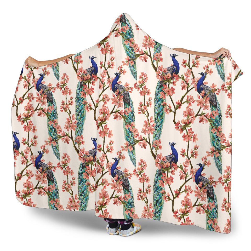 Peacock Tropical Flower Pattern Hooded Blanket