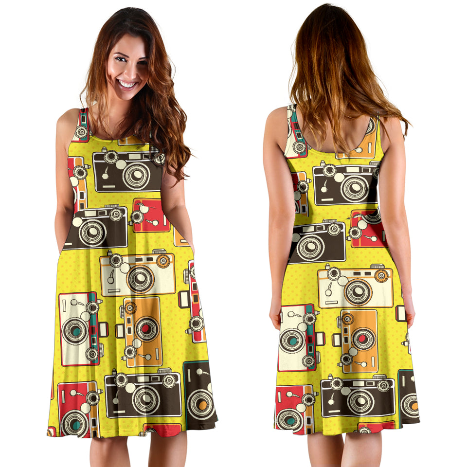 Camera Pattern Print Design 02 Sleeveless Midi Dress