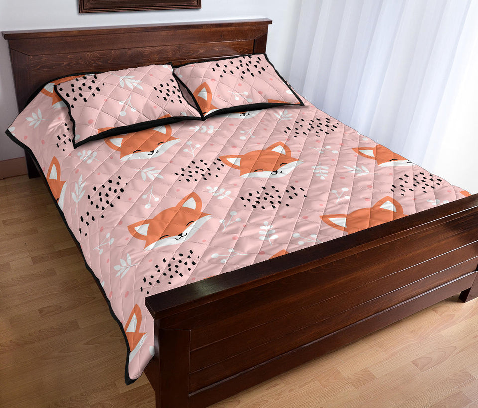 Cute fox pattern pink background Quilt Bed Set