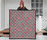 Red Gold Sakura Cherry Blossom Gray Background Premium Quilt