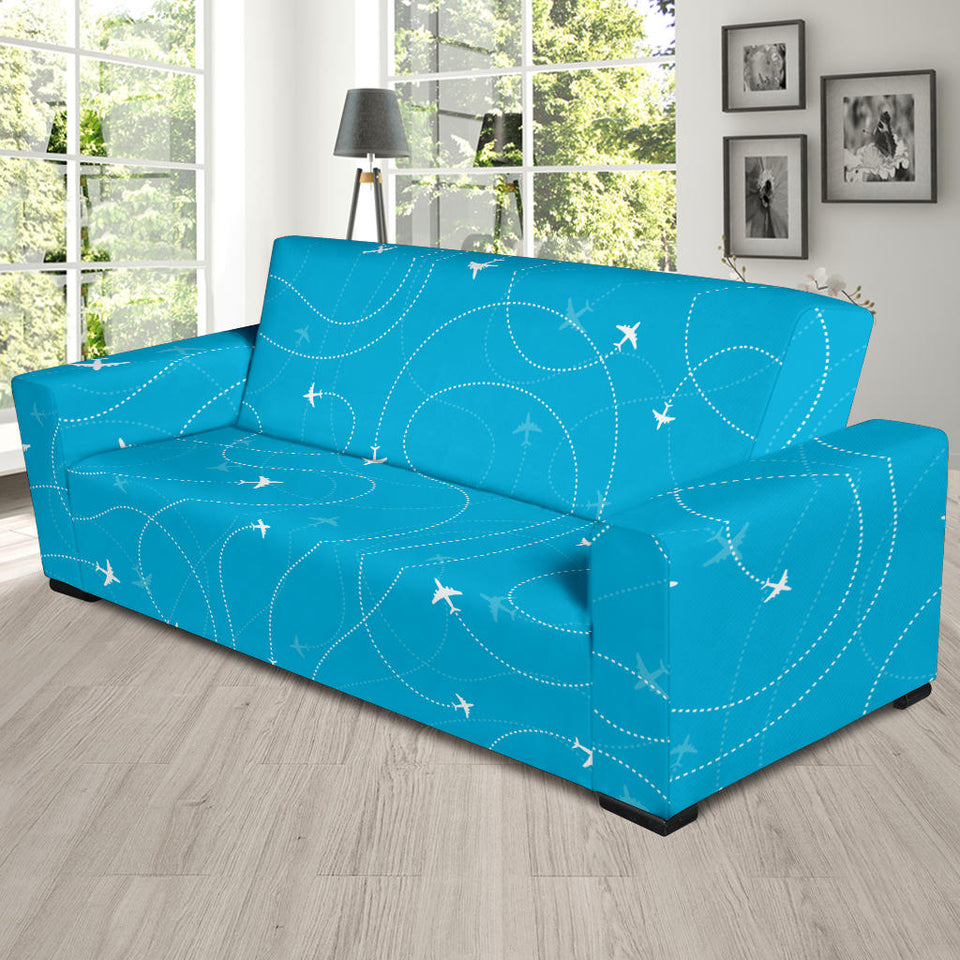 Airplane Destinations Blue Background Sofa Slipcover