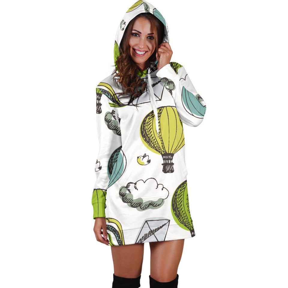 Hot Air Balloon Bird Cloud Pattern Women'S Hoodie Dress
