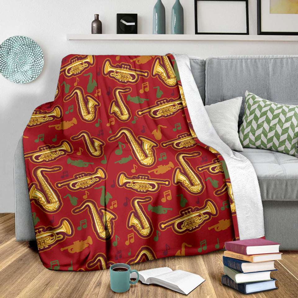 Saxophone Cornet Pattern Red Background Premium Blanket