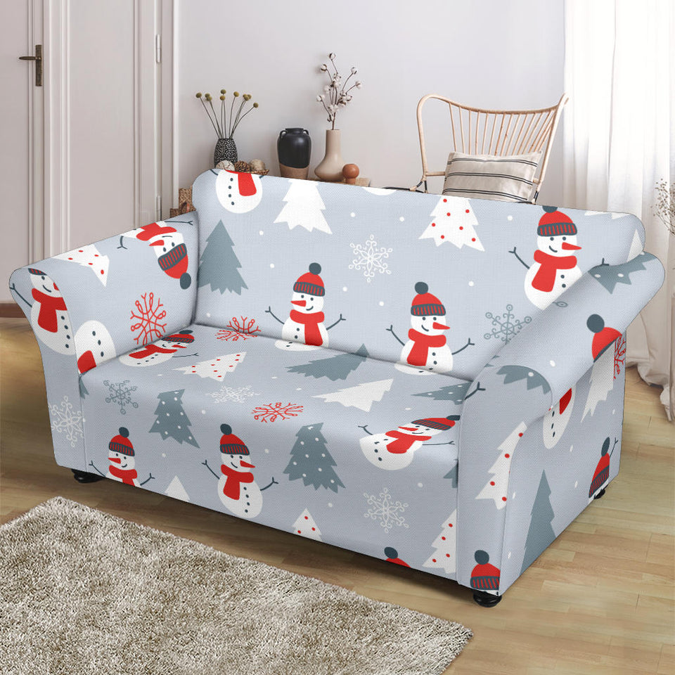 Snowman Christmas  Tree Snow Gray Background Loveseat Couch Slipcover