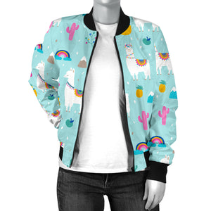 Llama Alpaca Cactus Leaves Pattern Women'S Bomber Jacket