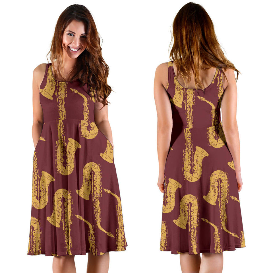 Hand Drawn Gold Saxophone Red Background Sleeveless Midi Dress