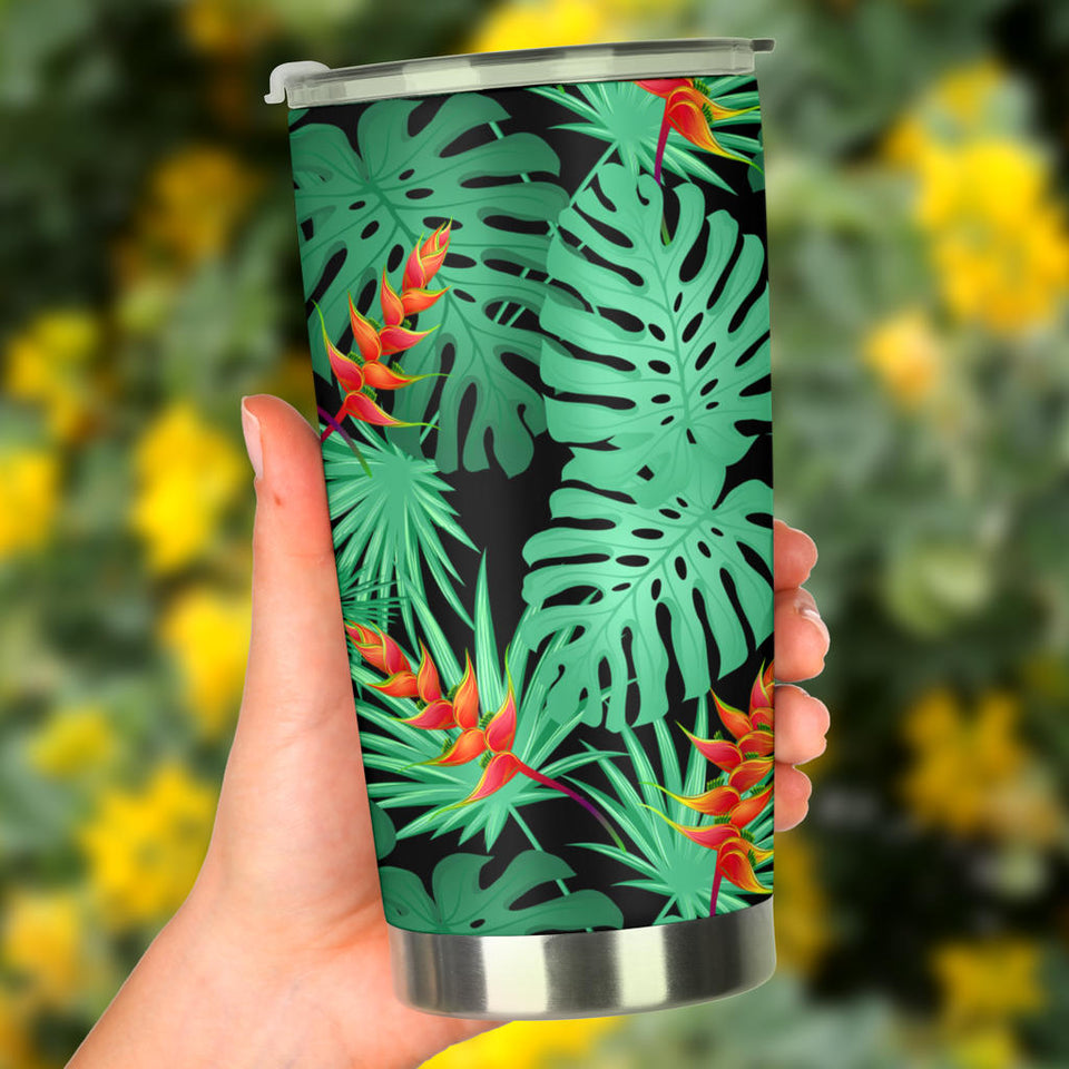 Heliconia Flower Palm Monstera Leaves Black Background Tumbler