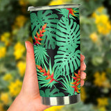 Heliconia Flower Palm Monstera Leaves Black Background Tumbler