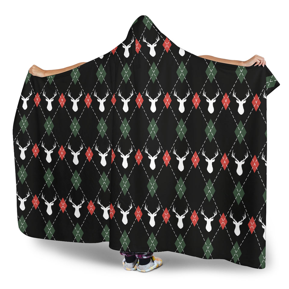 Deer Christmas New Year Pattern Argyle Hooded Blanket