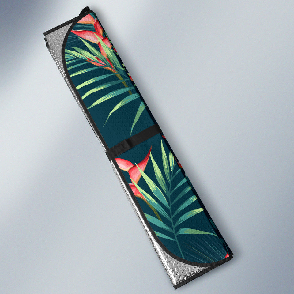 Heliconia Flowers, Palm And Monstera Leaves On Black Background Pattern Car Sun Shade