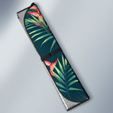 Heliconia Flowers, Palm And Monstera Leaves On Black Background Pattern Car Sun Shade
