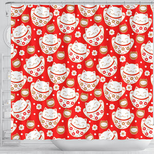 Cute Maneki Neko Lucky Cat Red Background Shower Curtain Fulfilled In US