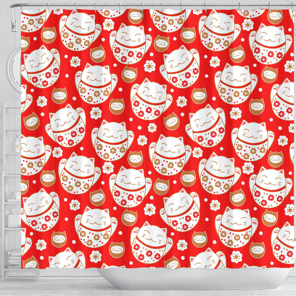 Cute Maneki Neko Lucky Cat Red Background Shower Curtain Fulfilled In US