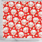 Cute Maneki Neko Lucky Cat Red Background Shower Curtain Fulfilled In US